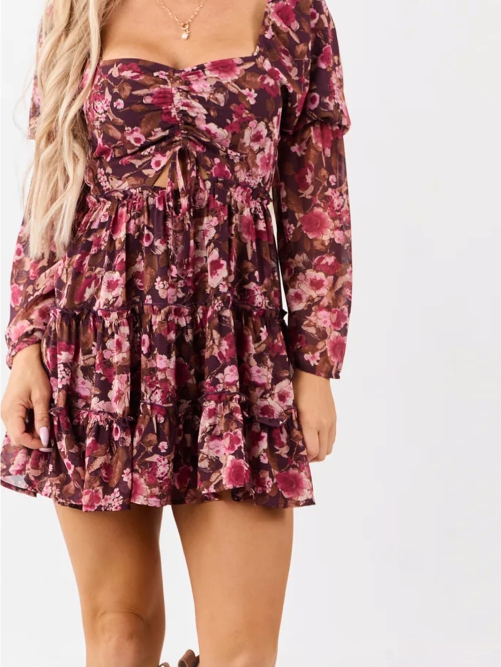 Le Lis Floral Burgundy and Pink Tiered Dress from limelush